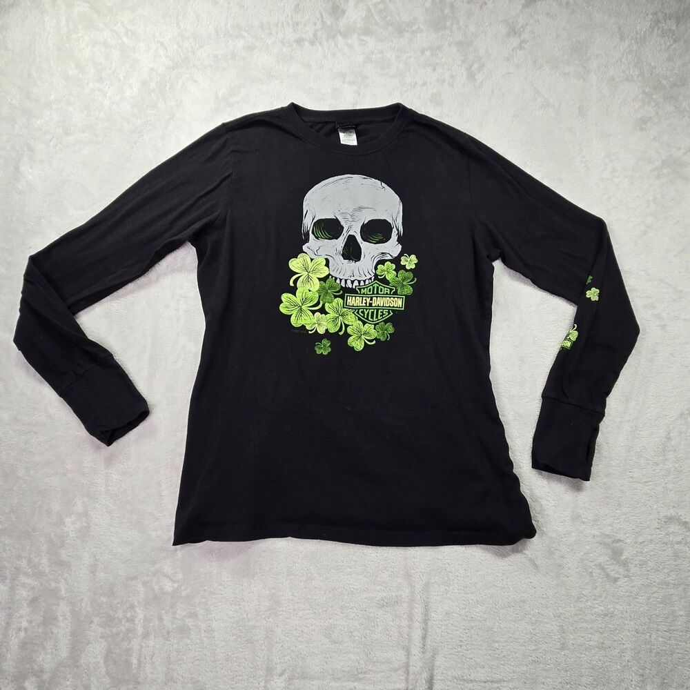 Harley-Davidson Women's Large Black Long Sleeve Shirt Graphic Skull Green Print